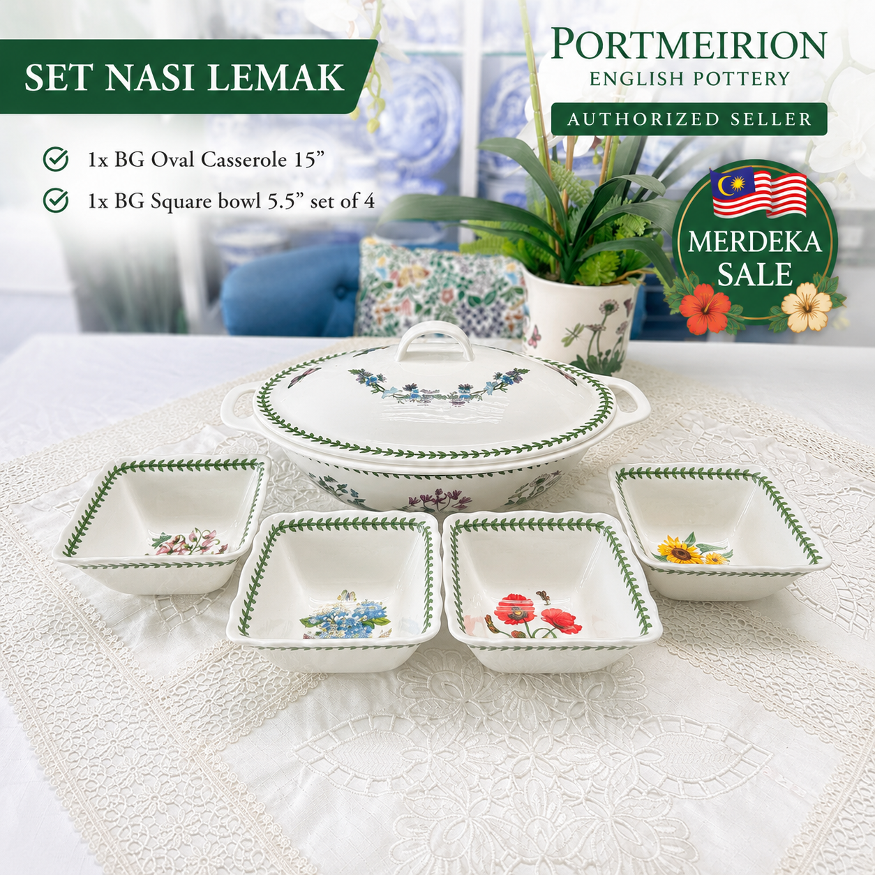 Set Nasi Lemak~Portmeirion Oval Casserole&Square Bowl 5.5”